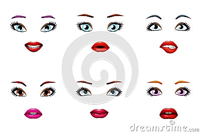Fashion girls stylish woman lips slightly open mouth female eyes isolated set design vector illustration Vector Illustration