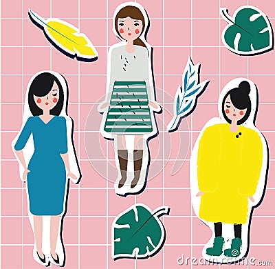 Fashion girls and tropic leaves. Lifestyle female stickers Vector Illustration