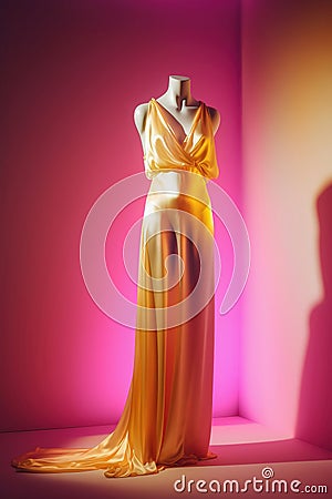 Fashion gold evening gown, maxi dress on dummy. Generative AI Stock Photo