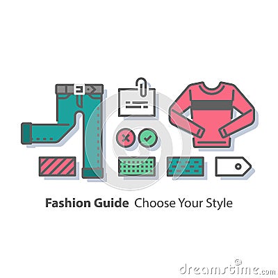 Wardrobe set, fashion guide, complementary clothing, casual wear, color choice, good outfit combination Vector Illustration