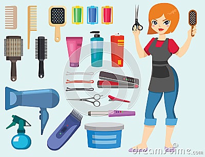 Fashion hairdresser with hair clipper and hairbrush isolated professional stylish barber tools for cutting vector Vector Illustration