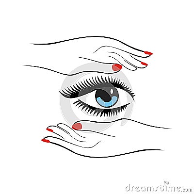 Fashion or health care concept. Female hands with red manicure protect women eye with long lashes. Vector illustration Vector Illustration