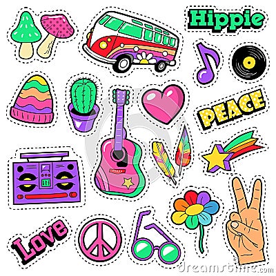 Fashion Hippie Badges, Patches, Stickers - Van Mushroom Guitar and Feather in Pop Art Comic Style Vector Illustration