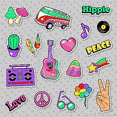 Fashion Hippie Badges, Patches, Stickers with Van Mushroom Guitar and Feather Vector Illustration