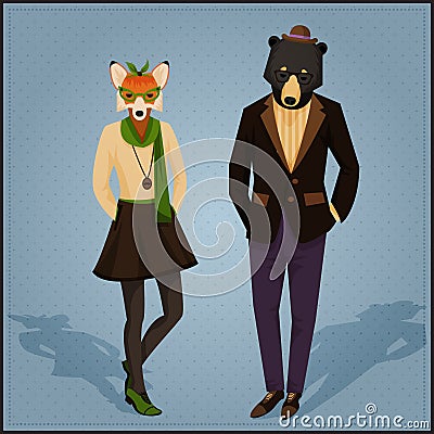 Fashion hipster animals couple Vector Illustration