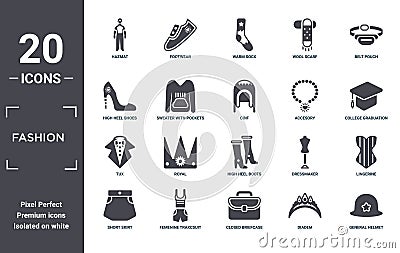 fashion icon set. include creative elements as hazmat, belt pouch, accesory, high heel boots, femenine trakcsuit, tux filled icons Vector Illustration