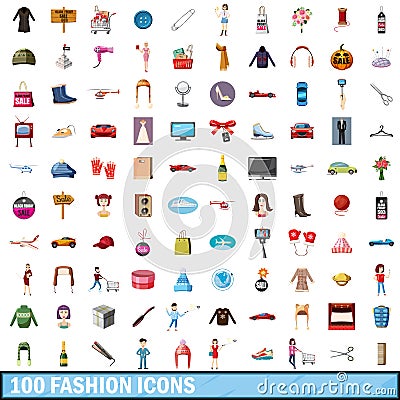 100 fashion icons set, cartoon style Vector Illustration