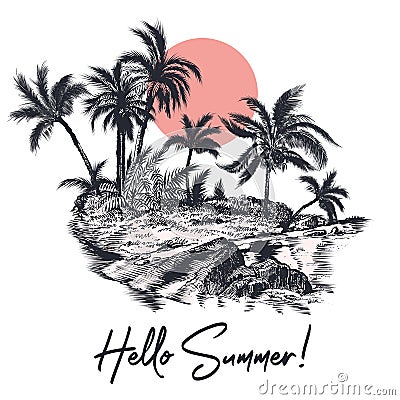 Fashion illustration for apparel, hello summer, vector poster design with palm trees, ocean and island in retro style Vector Illustration