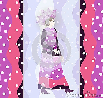 Fashion illustration with beauty girl in vintage dress on polka dot background. Vector Illustration