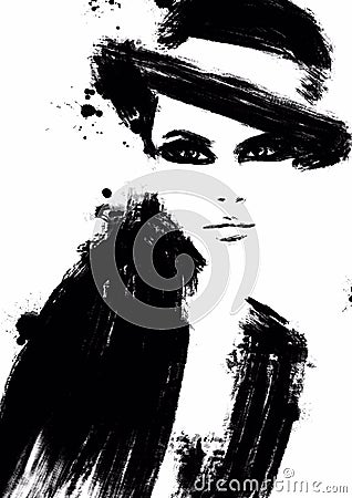 Fashion illustration black and white. Fashion sketch. Abstract painting Woman. Fashion background. Girl with hat. Smokey eye face. Cartoon Illustration