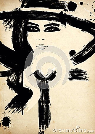 Fashion illustration black and white. Fashion sketch. Abstract painting Woman. Fashion background. With paint splashes and drips Cartoon Illustration