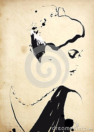 Fashion illustration black and white. Fashion sketch. Abstract painting Woman. Fashion background. With paint splashes and drips Cartoon Illustration