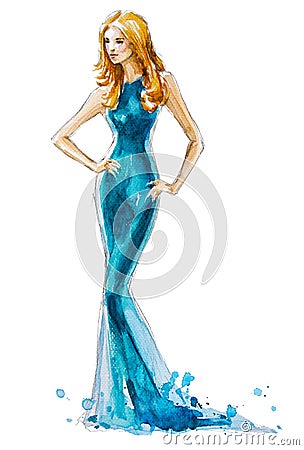 Fashion illustration of a blond girl in a long dress. watercolor painting. Cartoon Illustration