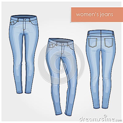 Fashion illustration. Classic women jeans light blue vector no texture back front Stock Photo