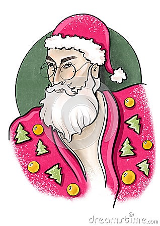 fashion illustration color holiday stylish outline sketch a man with a beard santa claus in a red suit and glasses in profile Cartoon Illustration
