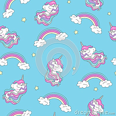 Fashion illustration drawing in modern style for clothes. Pattern with unicorn and rainbow. Trendy seamless vector pattern on a Cartoon Illustration