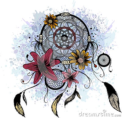 Fashion illustration with dream catcher and flowers. Hand drawn design Cartoon Illustration