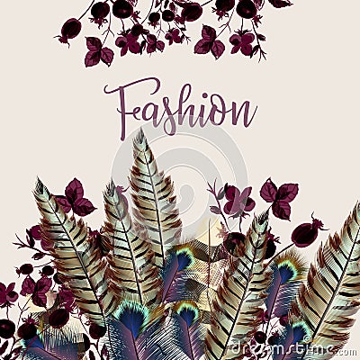 Fashion illustration with feathers in colorful style Cartoon Illustration