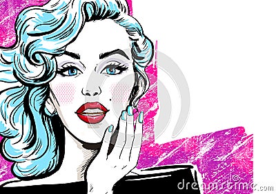 Fashion illustration of girl with hand.Fashion girl. Party invitation. Birthday greeting card.Hollywood movie star.Sexy girl. Cartoon Illustration