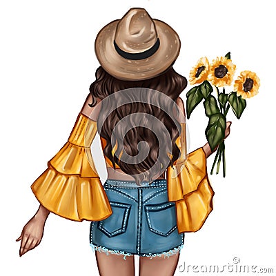 Fashion Illustration - Girl holding a sunflower - woman Portrait Stock Photo