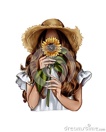 Fashion Illustration - Girl holding a sunflower - woman Portrait Stock Photo