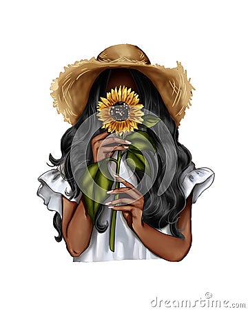 Fashion Illustration - Girl holding a sunflower - woman Portrait Stock Photo