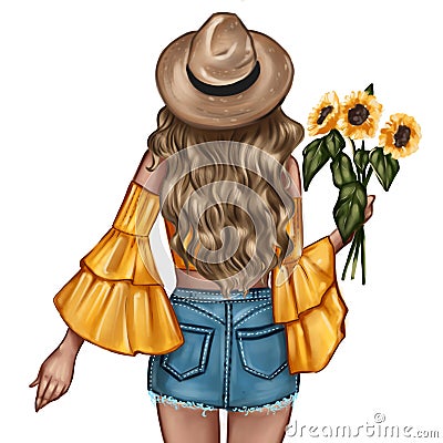 Fashion Illustration - Girl holding a sunflower - woman Portrait Stock Photo