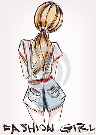 Fashion illustration with girl short hair standing back. Cartoon Illustration