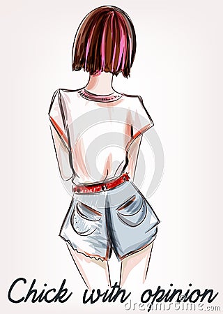 Fashion illustration with girl short hair standing back. Cartoon Illustration