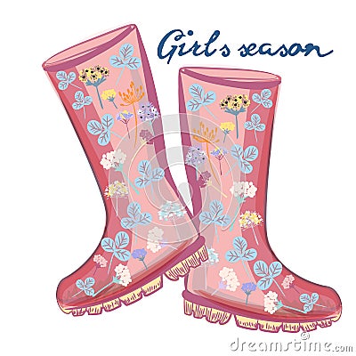 Fashion illustration with girlish vector pink rubber boots for design Cartoon Illustration