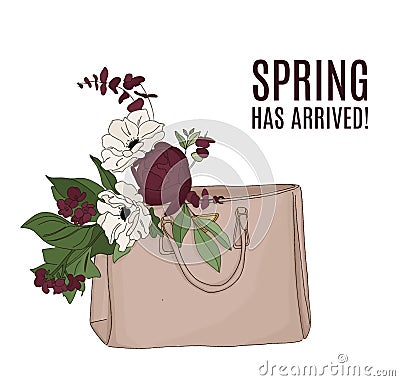 Fashion illustration: luxury bag full of flowers. Beautiful floral composition, spring text. Quote beauty art with Vector Illustration