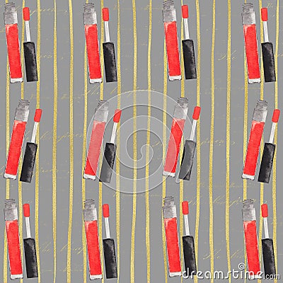 Fashion Illustration Pattern. Fashion Illustration. Watercolor Lipstick gold line background. Cartoon Illustration