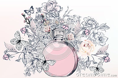 Fashion illustration with perfume bottle, butterflies and rose flowers Vector Illustration