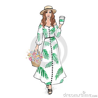 Fashion illustration, summer dress with hat and flowers plus coffee to go Vector Illustration