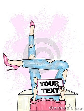 Template for text. Girl with a graphic tablet. Fashion illustration Cartoon Illustration