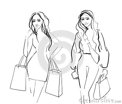 Fashion Illustration on a white background Shopping. Lady with bags Stock Photo