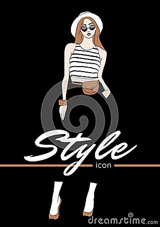 Fashion illustration. Woman in panama hat, sun glasses, white top with black stripes, bum bag, wearing high heeled shoes. Style Vector Illustration