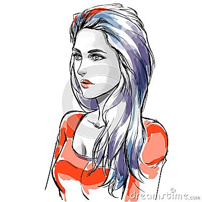 Fashion illustration, woman portrait, using cosmetic, hairdressing Vector Illustration