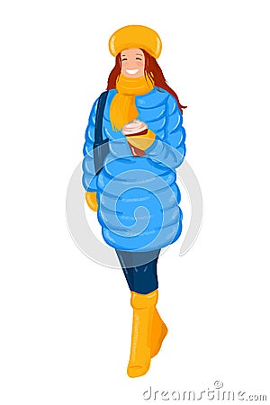 Fashion illustration - young woman in winter clothes, hat, scarf, gloves, down coat, warm boots with coffee in hands. Warm Cartoon Illustration
