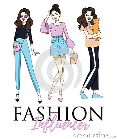 Fashion influencer t-shirt or poster design with stylish girls. Vector Illustration