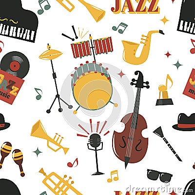 Fashion jazz band music party musical instrument design vector seamless pattern Vector Illustration