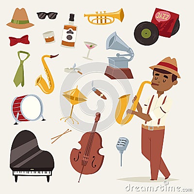 Fashion jazz band music party symbols art performance and musical instrument man character sound concert acoustic blues Vector Illustration