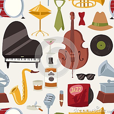 Fashion jazz band music party symbols and musical instrument sound concert acoustic blues bass design vector seamless Vector Illustration