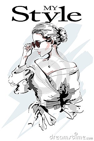 Fashion lady. Beautiful young woman portrait. Fashion woman in sunglasses. Stylish girl. Sketch. Vector Illustration