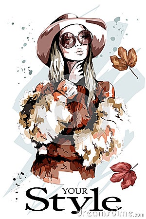 Fashion lady in hat. Beautiful young woman portrait. Stylish woman in sunglasses. Vector Illustration