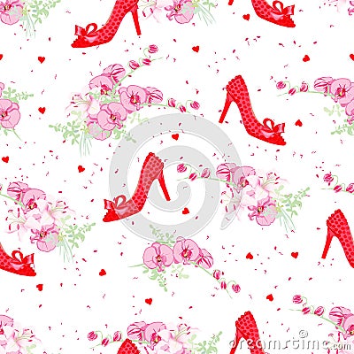 Fashion lady shoes and flowers seamless vector pattern. Vector Illustration