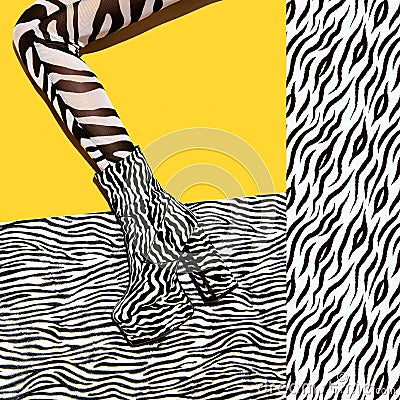 Fashion legs in heel party zebra boots on minimal collage background. Animal texture print. Stylish tropical concept Stock Photo