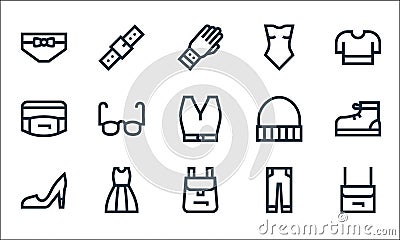 Fashion line icons. linear set. quality vector line set such as handbag, backpack, high heels, jeans, dress, fanny pack, beanie, Vector Illustration