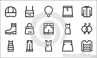 Fashion line icons. linear set. quality vector line set such as sweater, dress, dress, skirt, bell, boot, dress, skirt, handbag Vector Illustration