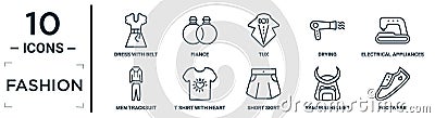 fashion linear icon set. includes thin line dress with belt, tux, electrical appliances, t shirt with heart, samurai helmet, Vector Illustration